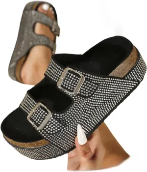 Platform Sandals Women Chunky Y2K, Women's Suede Slip On Flatform Slippers Comfortable with Cork Footbed Studded Flatform Sandals Adjustable Buckle Straps Flat Clogs Open Toe Slide Sandal