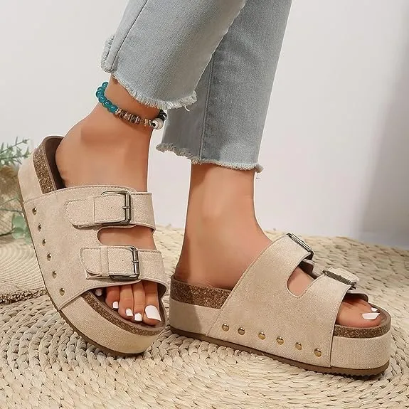 Platform Sandals Women Chunky Y2K, Women's Suede Slip On Flatform Slippers Comfortable with Cork Footbed Studded Flatform Sandals Adjustable Buckle Straps Flat Clogs Open Toe Slide Sandal