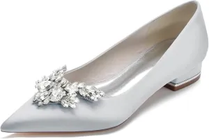 Pointed Toe Flats with Rhinestones Satin Wedding Shoes for Bride Flats Dress Shoes Pumps for Women