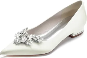 Pointed Toe Flats with Rhinestones Satin Wedding Shoes for Bride Flats Dress Shoes Pumps for Women