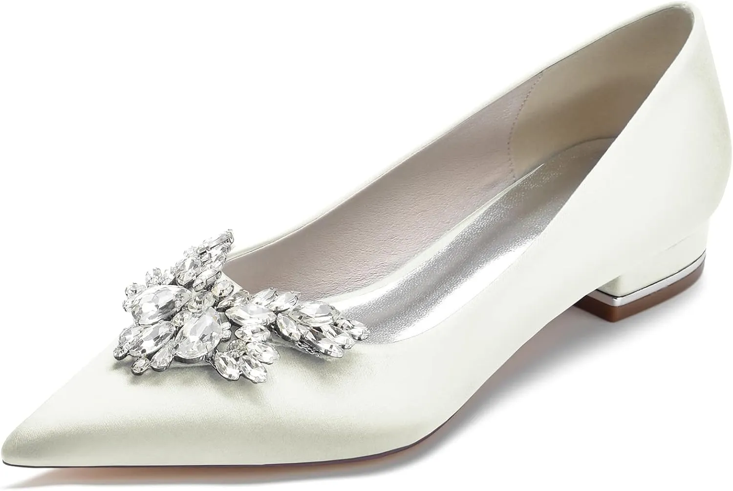 Pointed Toe Flats with Rhinestones Satin Wedding Shoes for Bride Flats Dress Shoes Pumps for Women