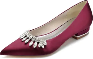 Pointed Toe Satin Flats with Rhinestones Wedding Shoes for Bride Flats Closed Toe Bridal Flat Dress Shoes Pumps for Women