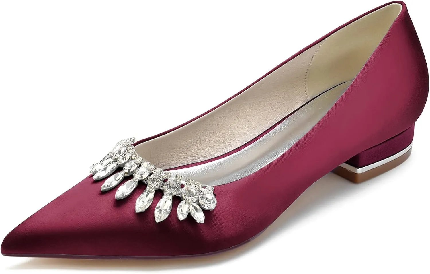 Pointed Toe Satin Flats with Rhinestones Wedding Shoes for Bride Flats Closed Toe Bridal Flat Dress Shoes Pumps for Women