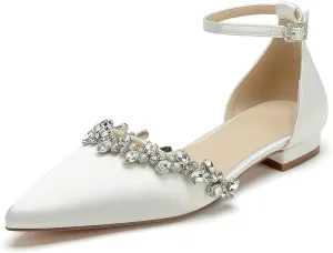 Pointed Toe Satin Wedding Flats for Bride Comfortable Rhinestones White Wedding Shoes Low Heels Bridal Flats Evening Prom Party Dress Shoes Pumps for Women