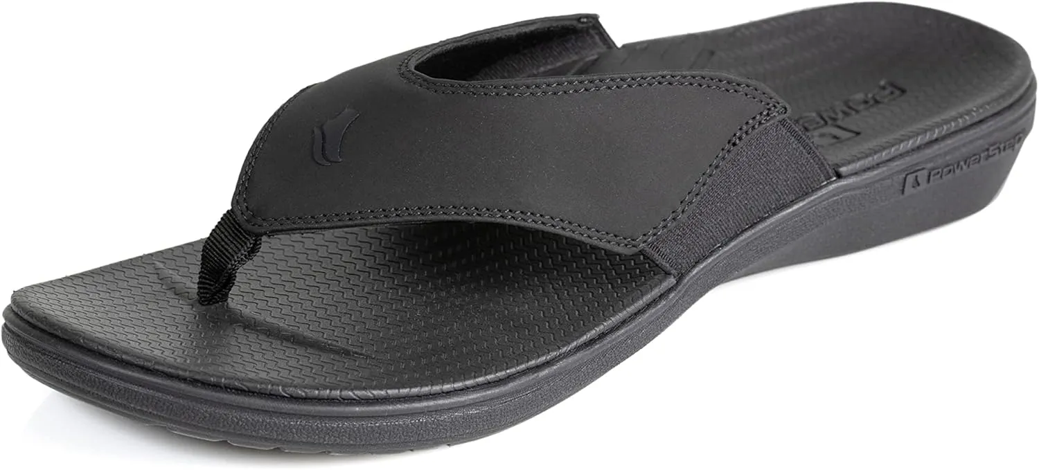 PowerStep Men's Arch Support Orthotic Flip Flop Sandals with Shock Absorbing Sole, Lightweight Non-Slip Tread, Black, 12