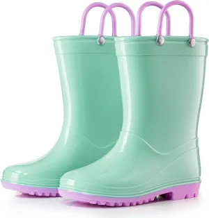 Puddle Play PVC Waterproof Rainboots - Green and Purple - Easy-on Size 7 Toddler