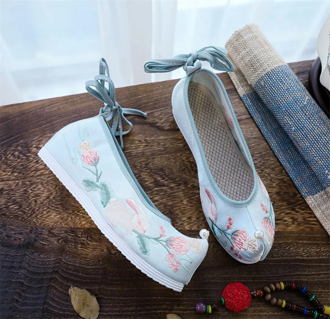 Rabbit Embroidered Women Cotton Fabric Inside Platform Shoes Vintage Chinese Style Ladies Casual Strappy Costume Shoes