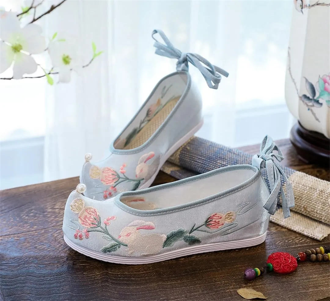 Rabbit Embroidered Women Cotton Fabric Inside Platform Shoes Vintage Chinese Style Ladies Casual Strappy Costume Shoes