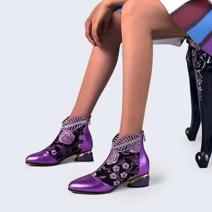 Rhinestones Ankle Booties For Women Ethnic Glitter Crystal Leaf Flower Embroidered Chunky Low Heel Pointed Toe Ankle Boots
