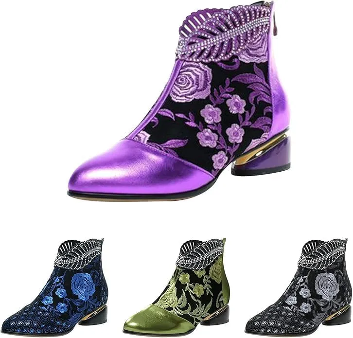 Rhinestones Ankle Booties For Women Ethnic Glitter Crystal Leaf Flower Embroidered Chunky Low Heel Pointed Toe Ankle Boots