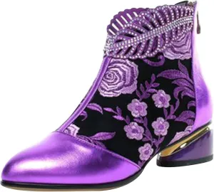 Rhinestones Ankle Booties For Women Ethnic Glitter Crystal Leaf Flower Embroidered Chunky Low Heel Pointed Toe Ankle Boots