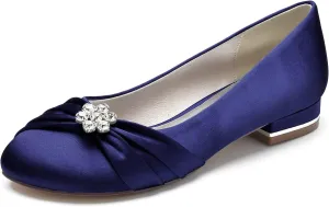 Round Toe Satin Flats Wedding Shoes for Bride Comfortable Bridal Flats Rhinestones Prom Evening Party Dress Pumps for Women Navy Blue Size 7.5