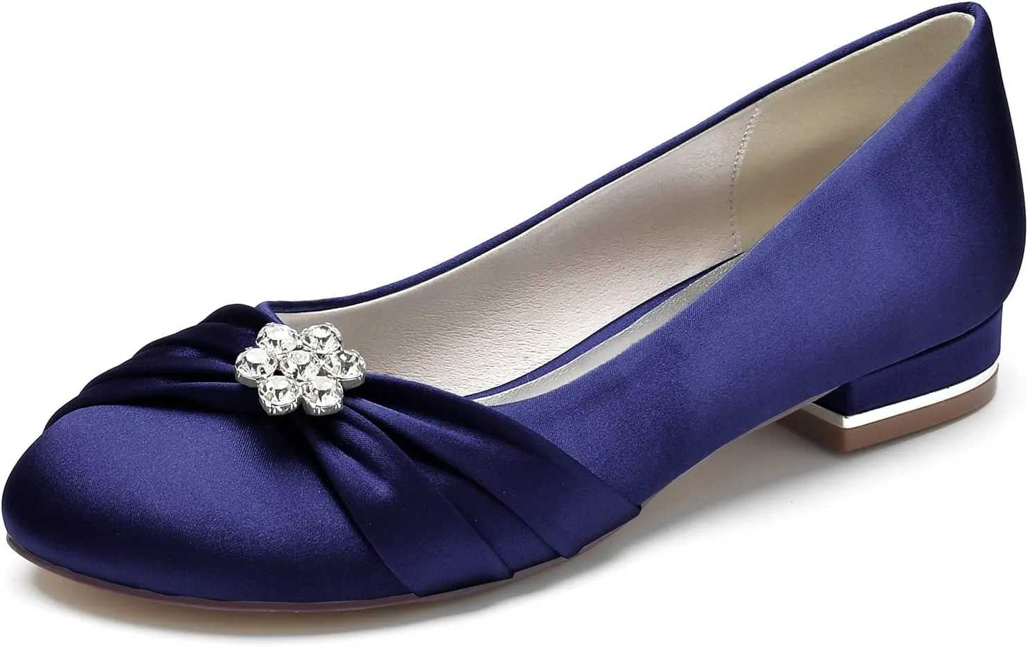 Round Toe Satin Flats Wedding Shoes for Bride Comfortable Bridal Flats Rhinestones Prom Evening Party Dress Pumps for Women Navy Blue Size 7.5