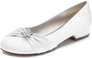 Round Toe Satin Flats Wedding Shoes for Bride Comfortable Bridal Flats Rhinestones Prom Evening Party Dress Pumps for Women