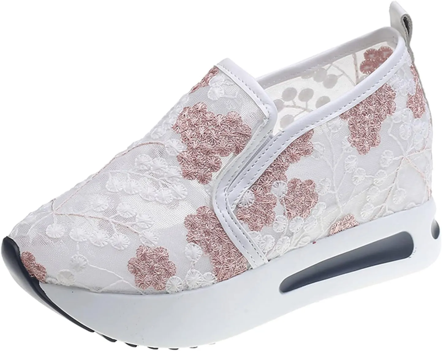 SACFOF Women's Floral Embroidery Breathable Mesh Sneakers Summer Platform Shoes Hidden Wedge High Top Walking Sneakers