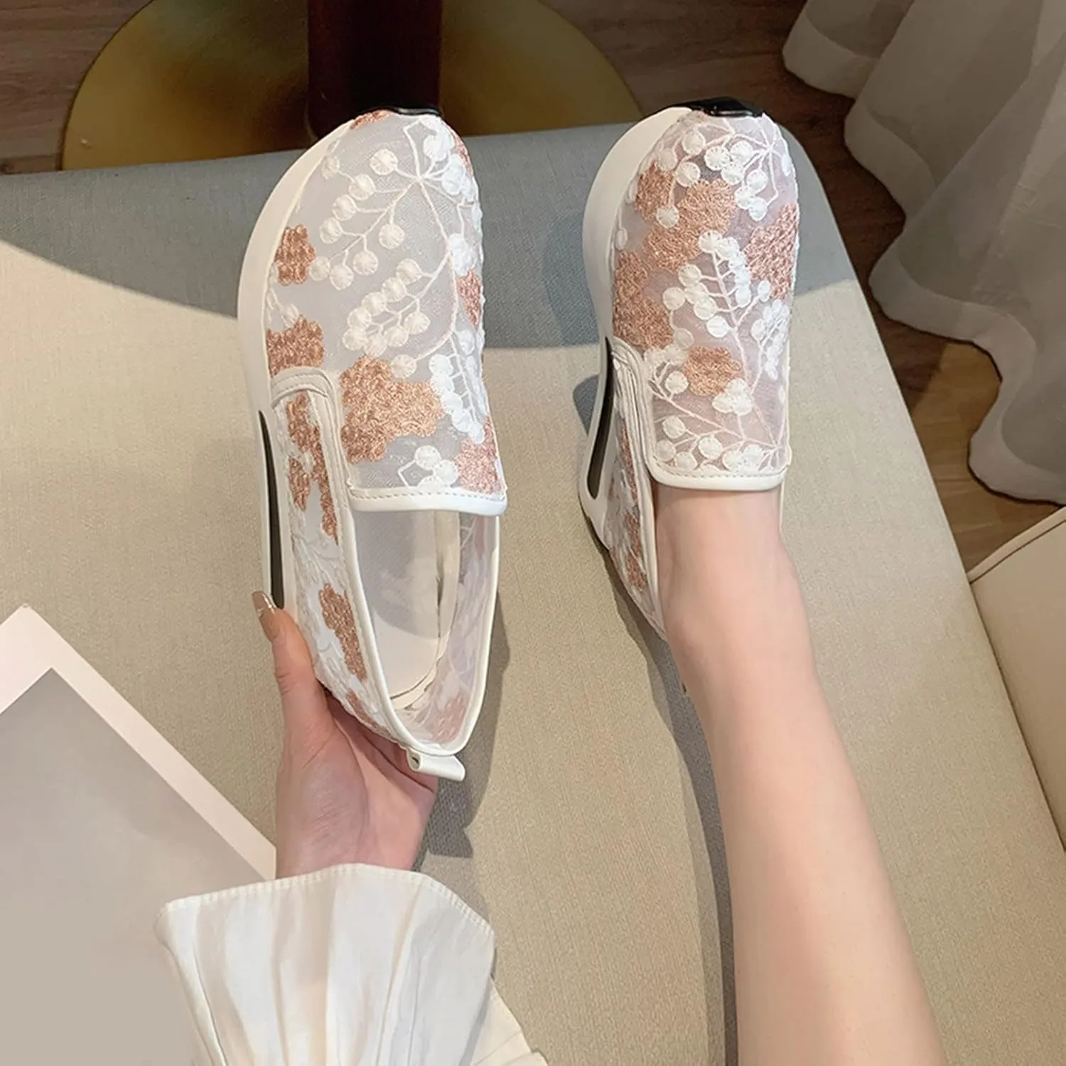 SACFOF Women's Floral Embroidery Breathable Mesh Sneakers Summer Platform Shoes Hidden Wedge High Top Walking Sneakers