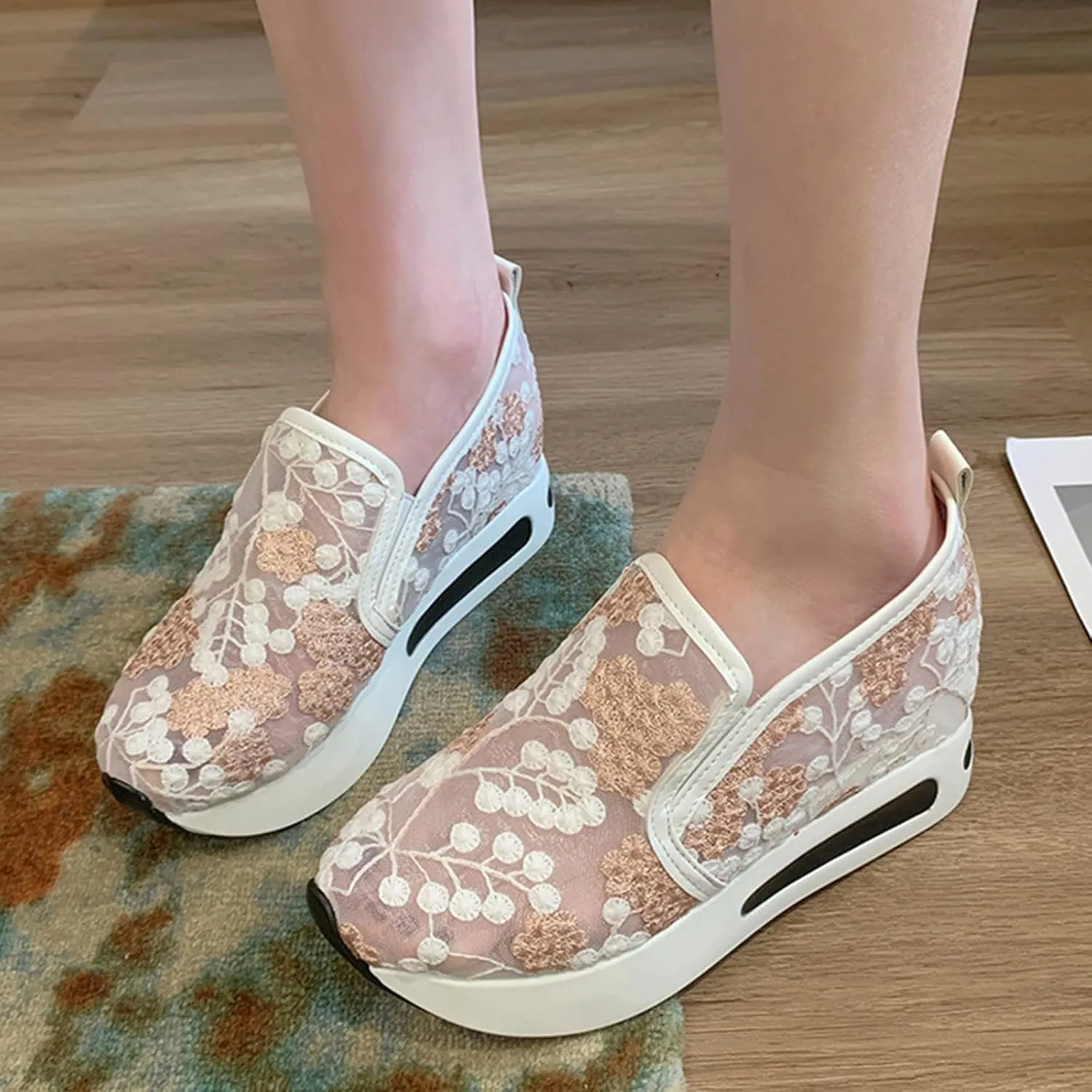 SACFOF Women's Floral Embroidery Breathable Mesh Sneakers Summer Platform Shoes Hidden Wedge High Top Walking Sneakers