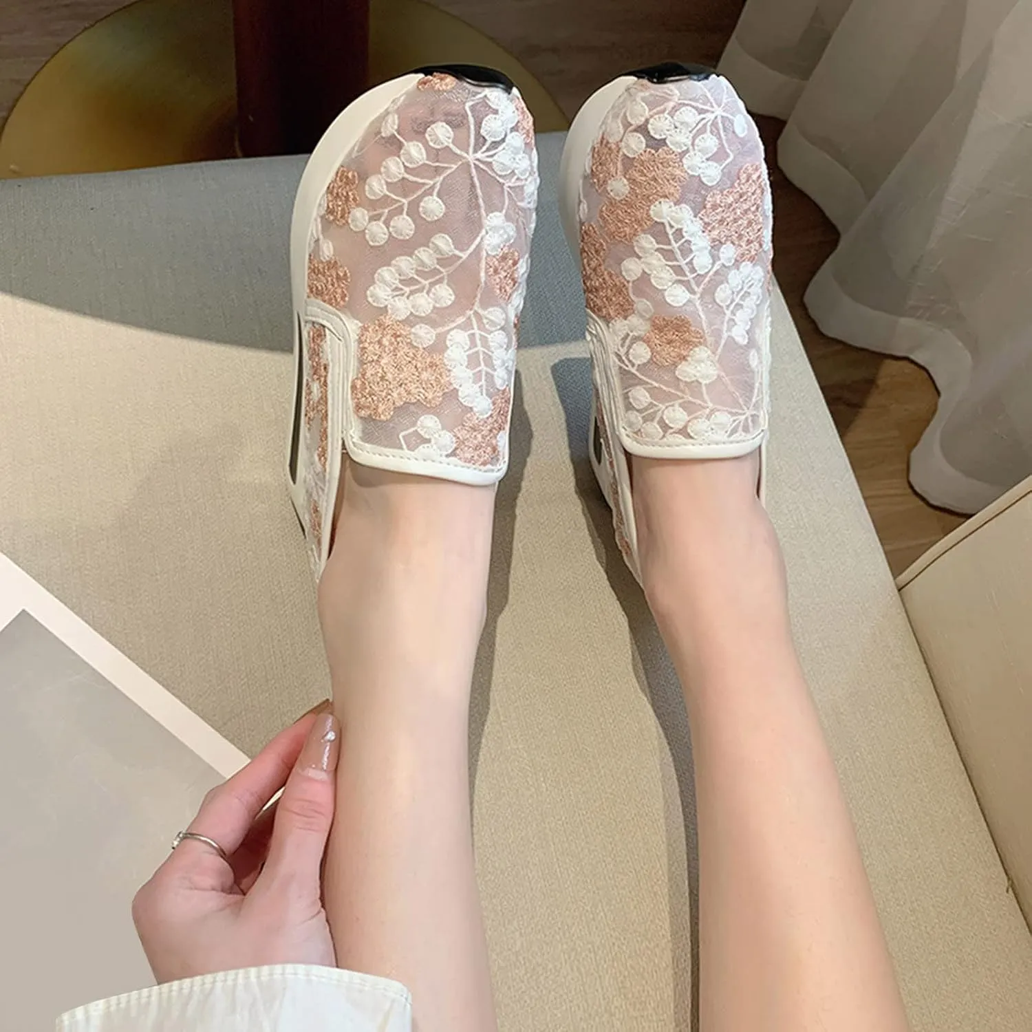 SACFOF Women's Floral Embroidery Breathable Mesh Sneakers Summer Platform Shoes Hidden Wedge High Top Walking Sneakers