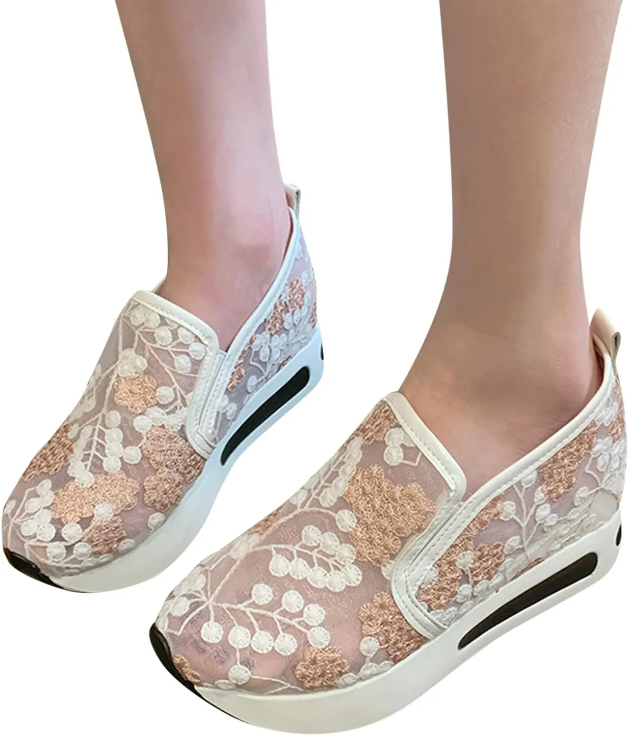 SACFOF Women's Floral Embroidery Breathable Mesh Sneakers Summer Platform Shoes Hidden Wedge High Top Walking Sneakers