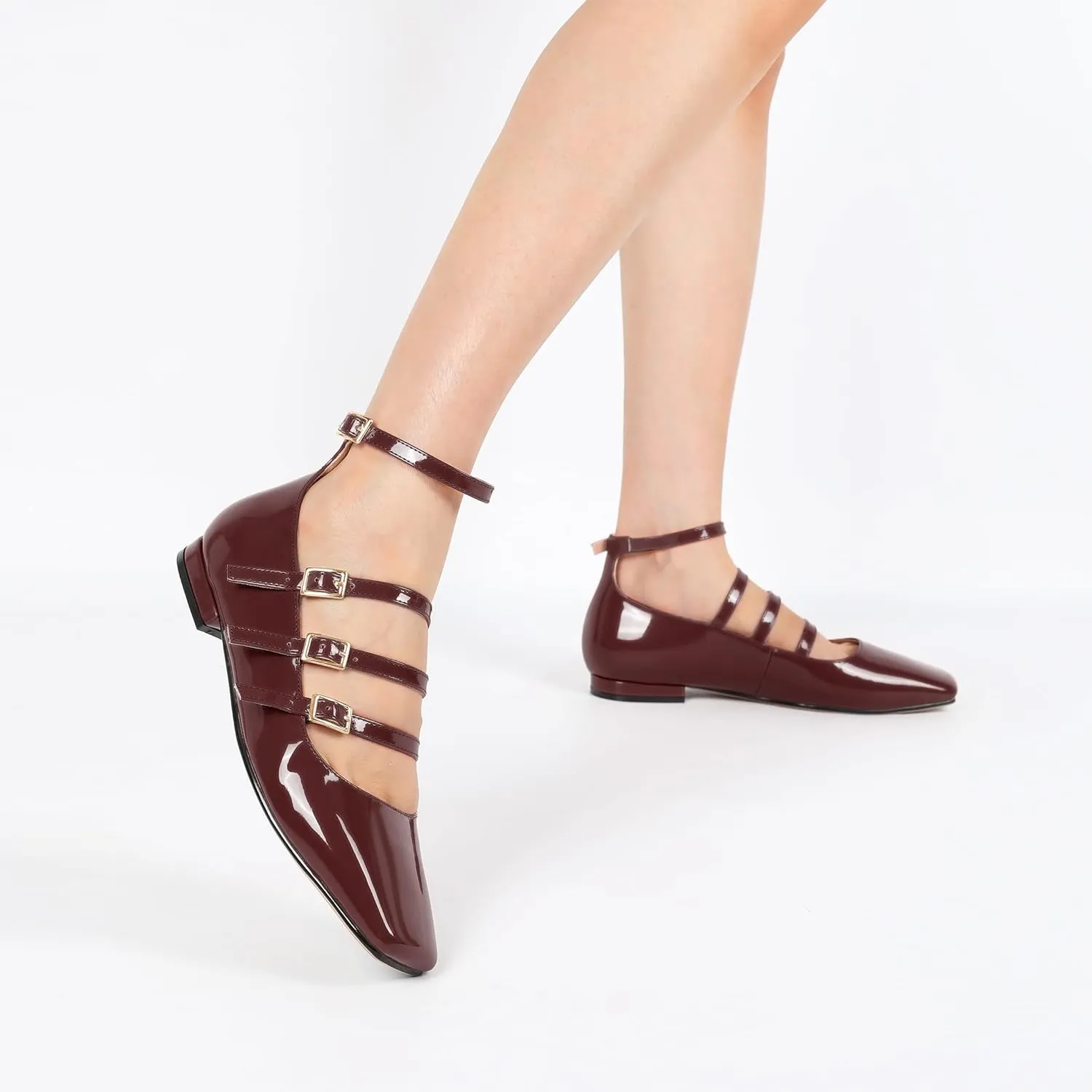 SAMMITOP Mary Jane Shoes Women Ballet Flats Low Block Heel Square Toe Flats Ankle Strap Pumps Wedding Dressy
