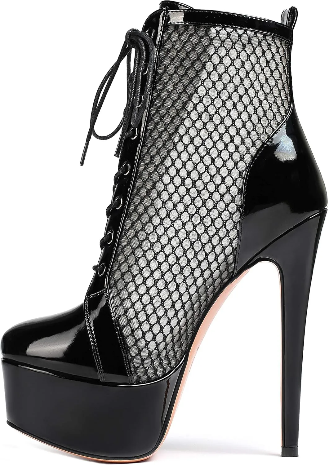 SAMMITOP Women's High Heel Boots Lace Up Round Toe Zipper Booties Two-tone Black Shoes