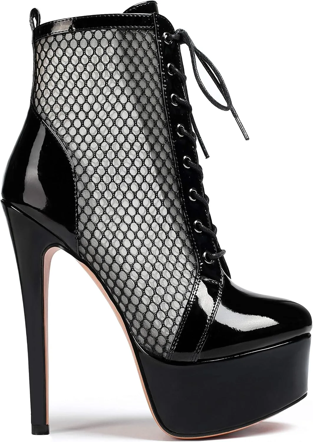 SAMMITOP Women's High Heel Boots Lace Up Round Toe Zipper Booties Two-tone Black Shoes
