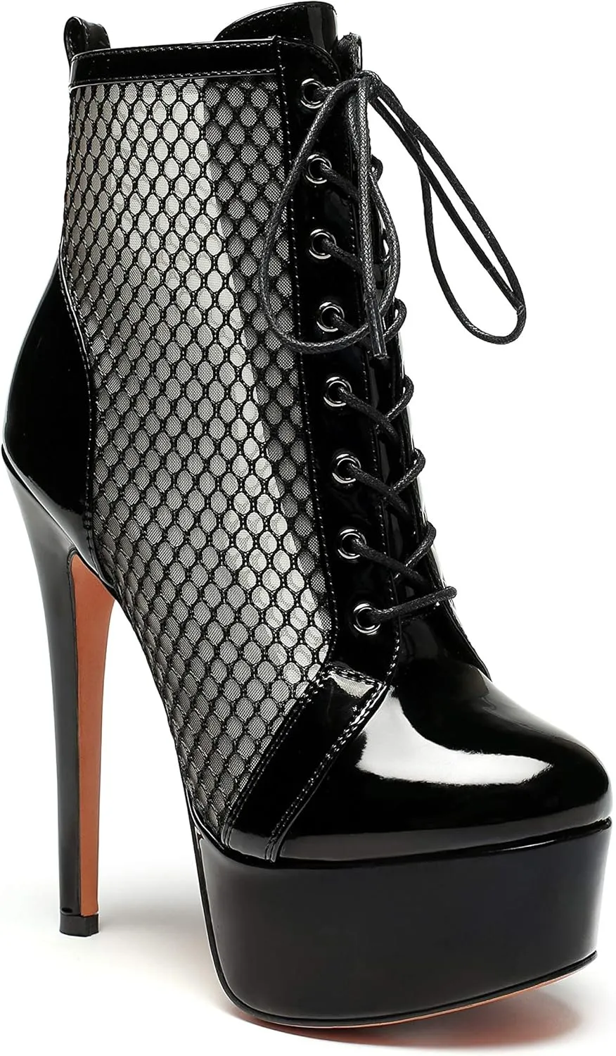SAMMITOP Women's High Heel Boots Lace Up Round Toe Zipper Booties Two-tone Black Shoes