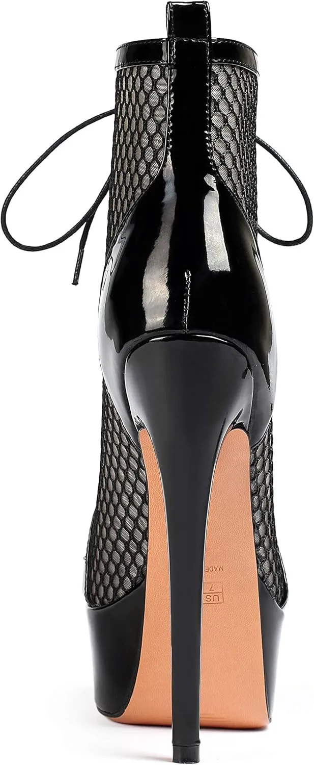 SAMMITOP Women's High Heel Boots Lace Up Round Toe Zipper Booties Two-tone Black Shoes