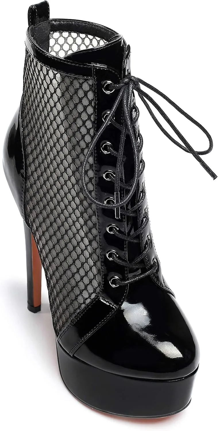 SAMMITOP Women's High Heel Boots Lace Up Round Toe Zipper Booties Two-tone Black Shoes