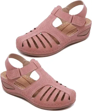 Sandals for Women Casual Summer Closed Toe Sandals Comfortable Bohemia Moccasins Hollow Vintage Out Casual Vintage Wedge Ankle Strap Breathable Flats Shoes,Pink,US6/EU37