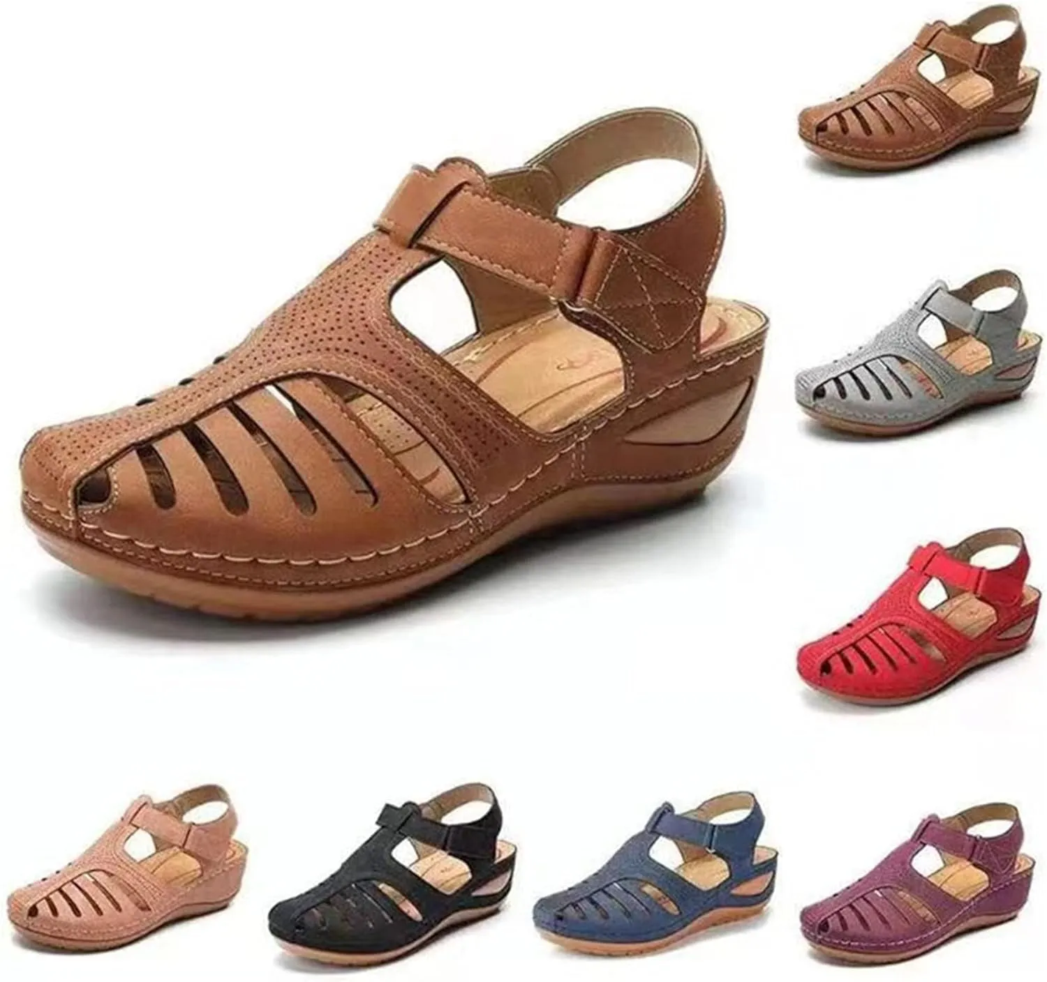 Sandals for Women Casual Summer Closed Toe Sandals Comfortable Bohemia Moccasins Hollow Vintage Out Casual Vintage Wedge Ankle Strap Breathable Flats Shoes,Pink,US6/EU37