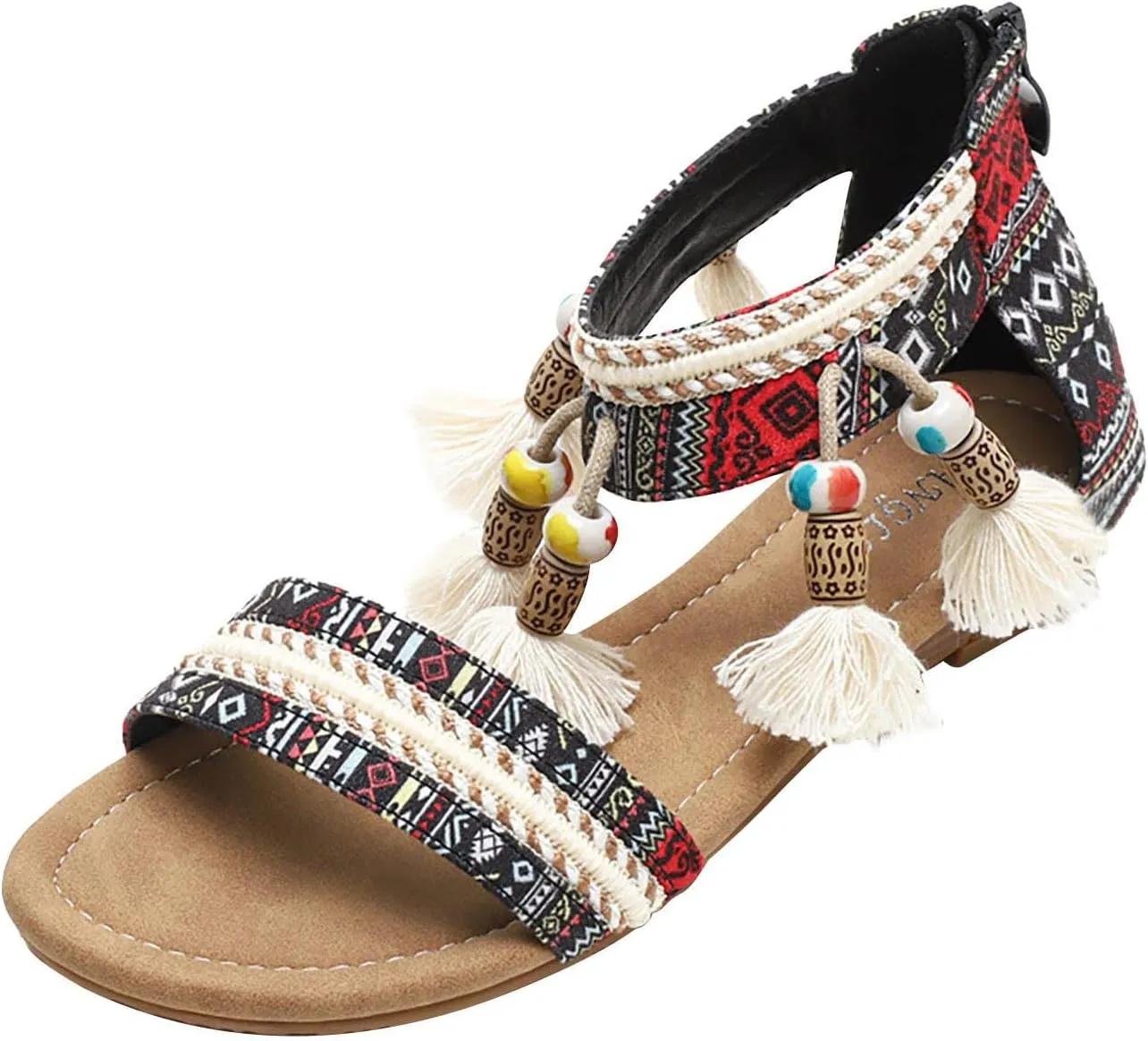 Sandals Women 2023 Summer Fashion Bohemian Beads Fringe Tassel Back Zip Dressy Shoes Ethnic Style Print Vintage Casual Outdoor Ladies Shoes
