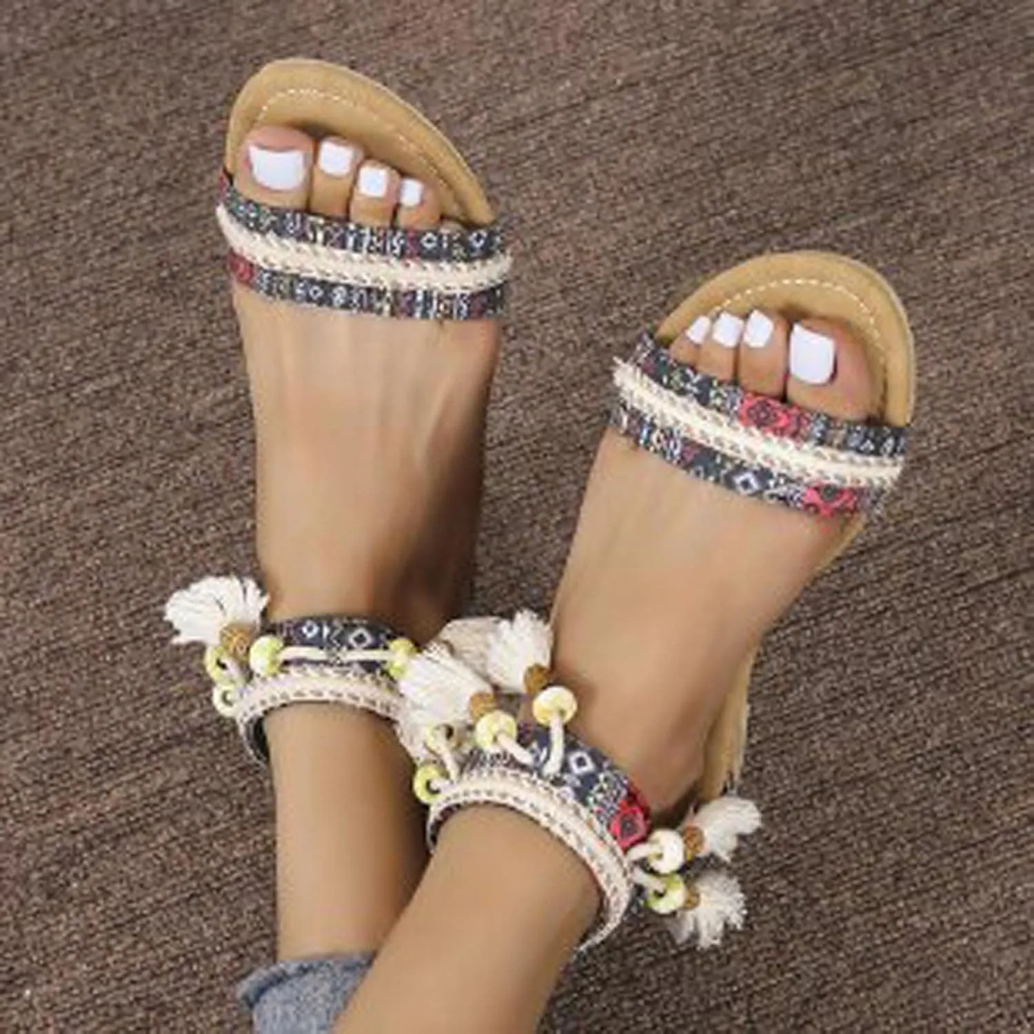Sandals Women 2023 Summer Fashion Bohemian Beads Fringe Tassel Back Zip Dressy Shoes Ethnic Style Print Vintage Casual Outdoor Ladies Shoes