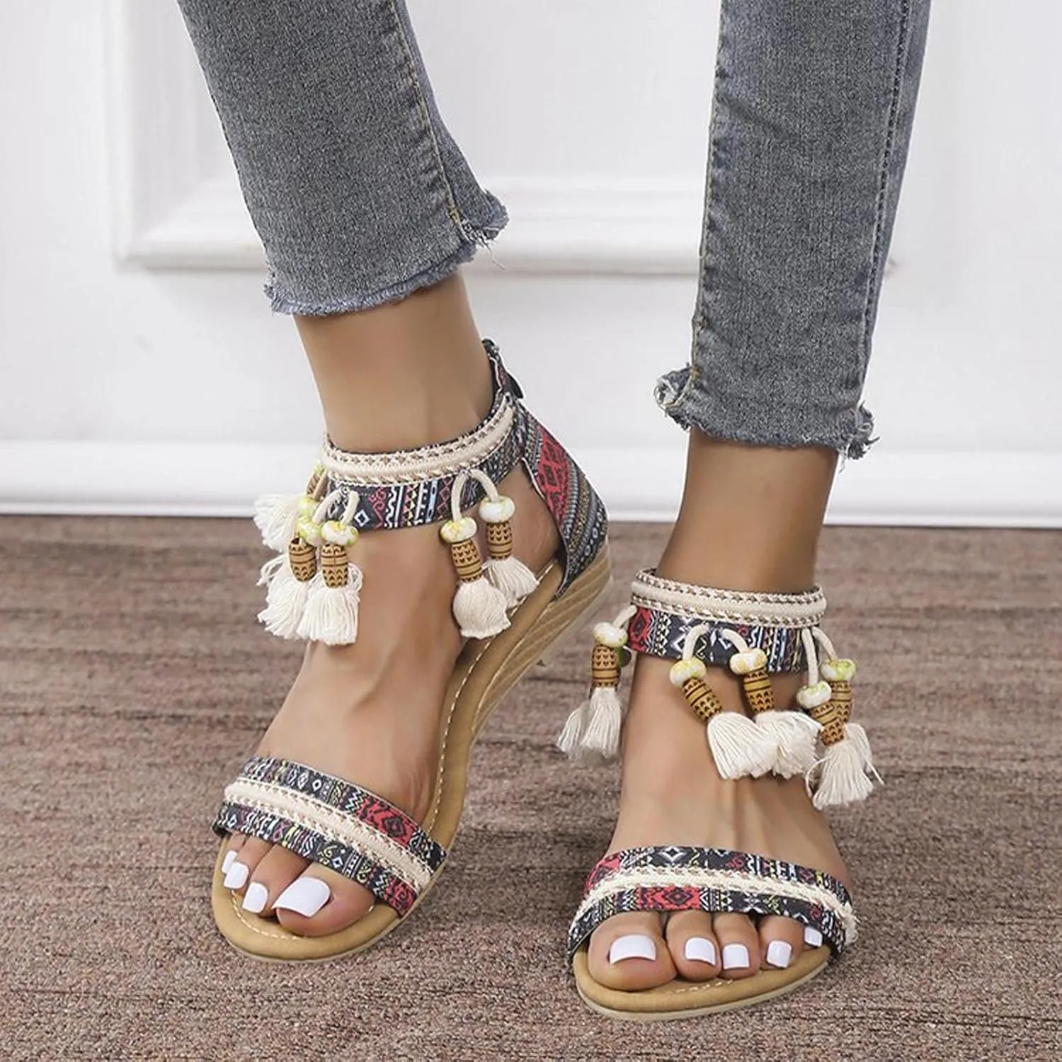 Sandals Women 2023 Summer Fashion Bohemian Beads Fringe Tassel Back Zip Dressy Shoes Ethnic Style Print Vintage Casual Outdoor Ladies Shoes