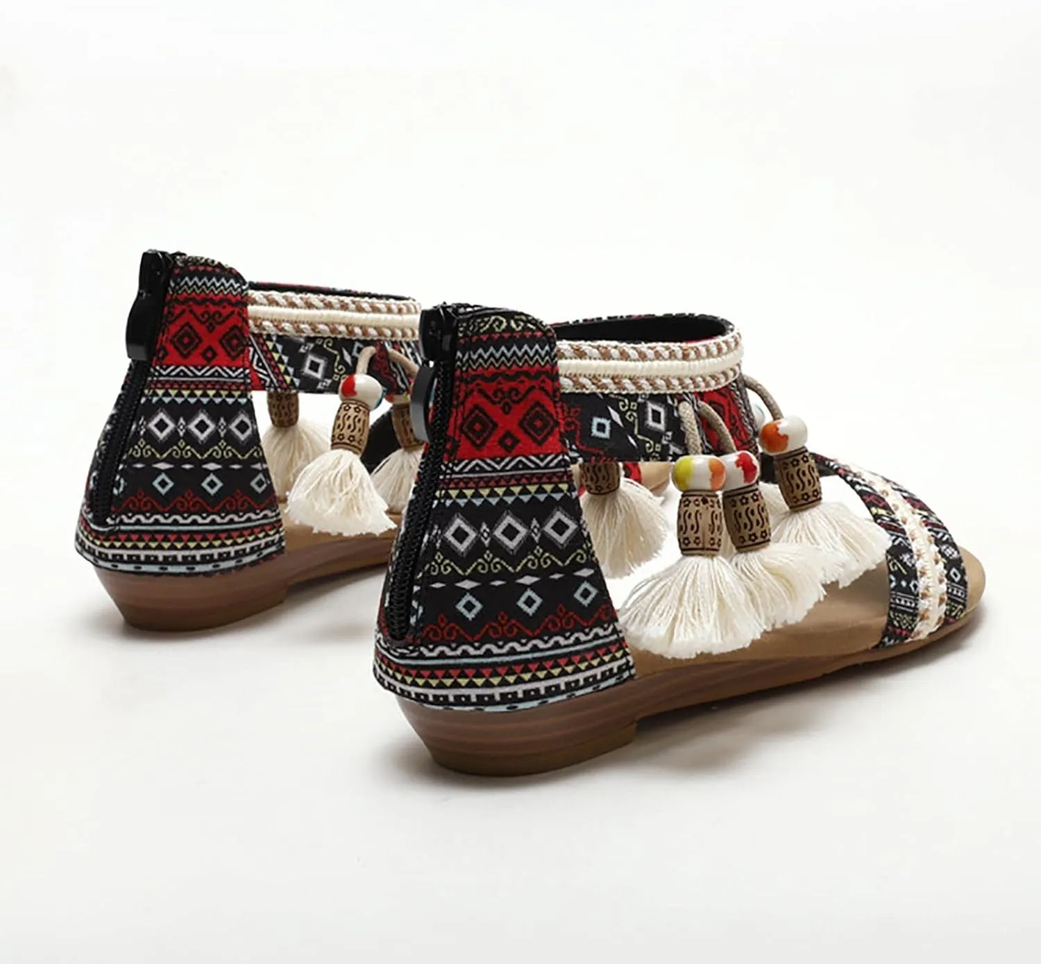 Sandals Women 2023 Summer Fashion Bohemian Beads Fringe Tassel Back Zip Dressy Shoes Ethnic Style Print Vintage Casual Outdoor Ladies Shoes