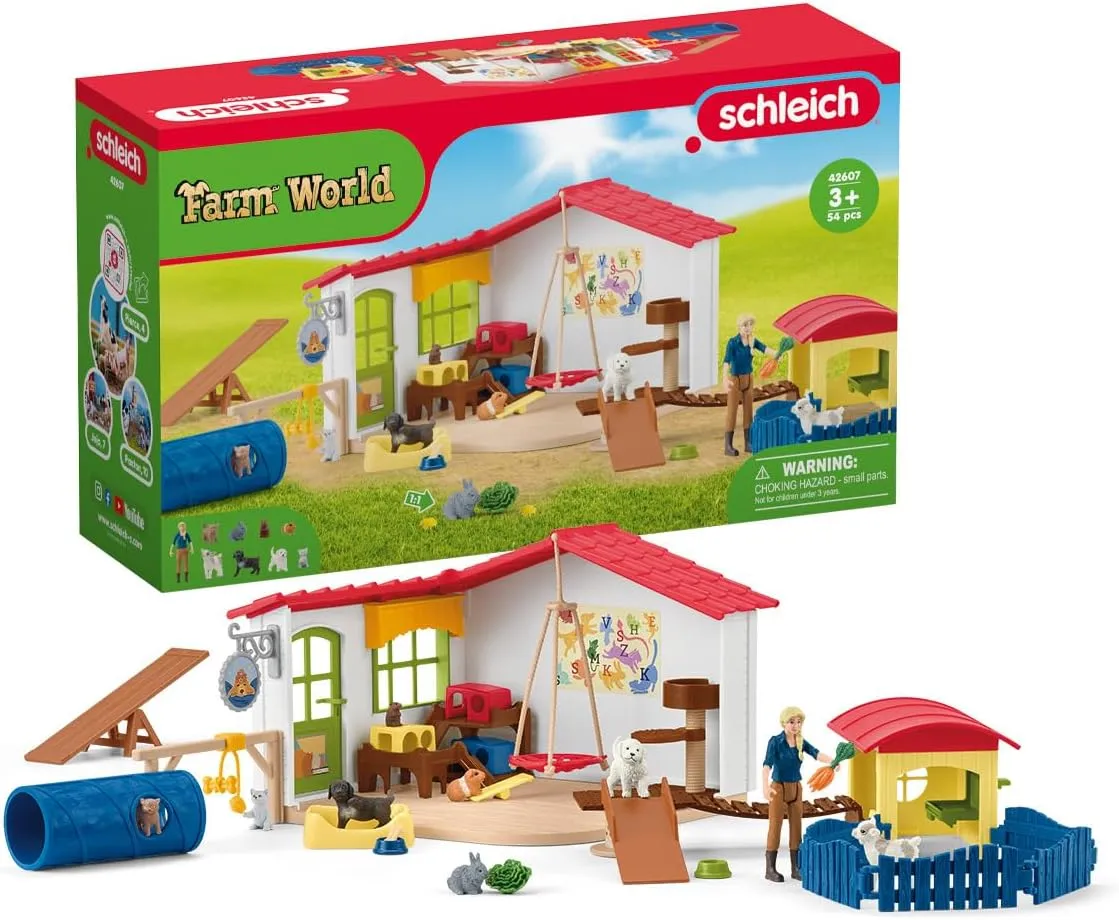 Schleich Farm World - 54 PC Baby Animal Hotel Playset with Cute Pets, Caretaker and Movable Accessories - Realistic Dog and Cat Animal Figurines - Fun Educational Toys for Kids and Toddlers Ages 3 