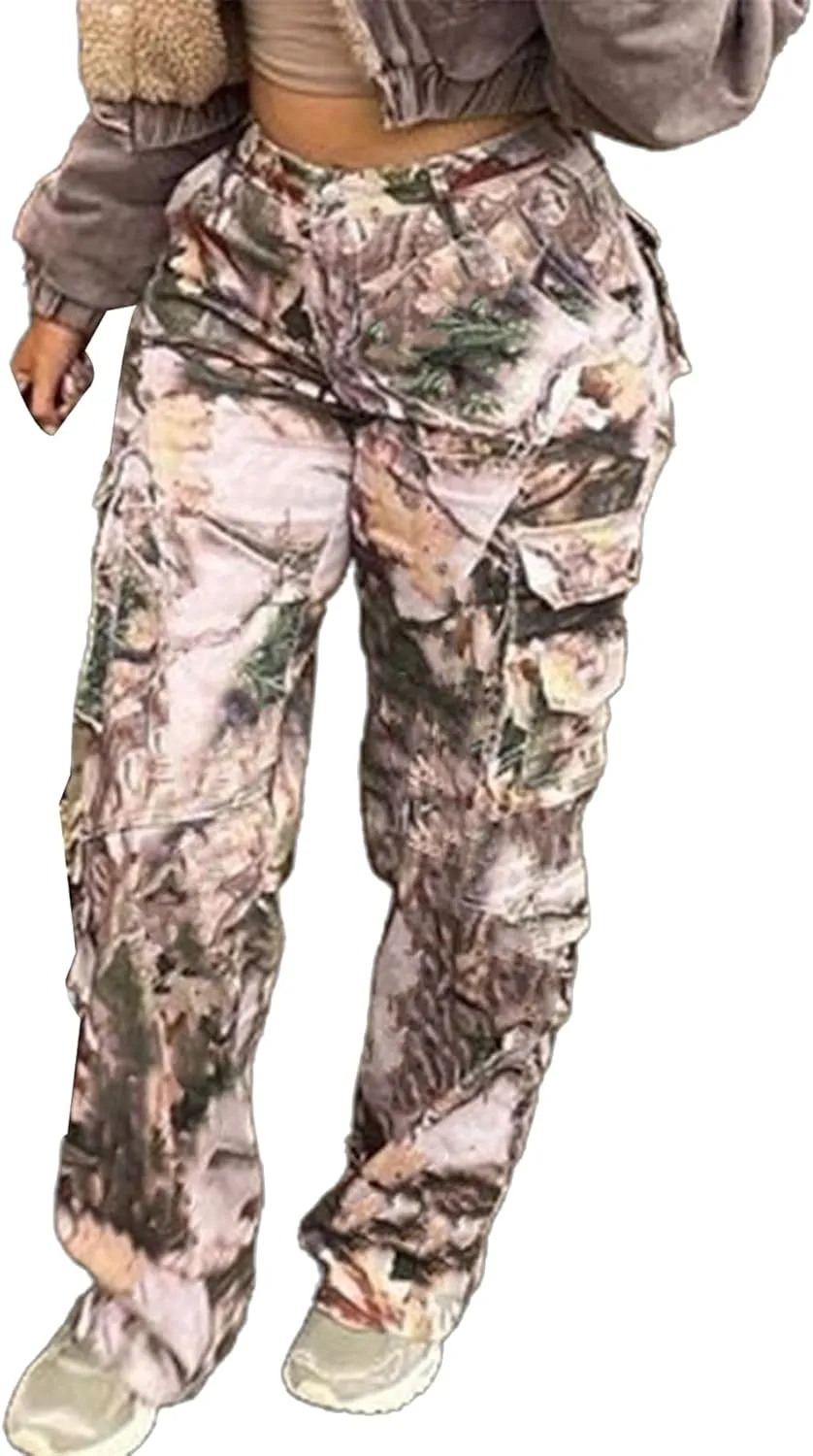 Seltaon Fall Camo Pants for Women Camouflage Army Fatigue Wide Leg Baggy Pants Trousers Plus Size