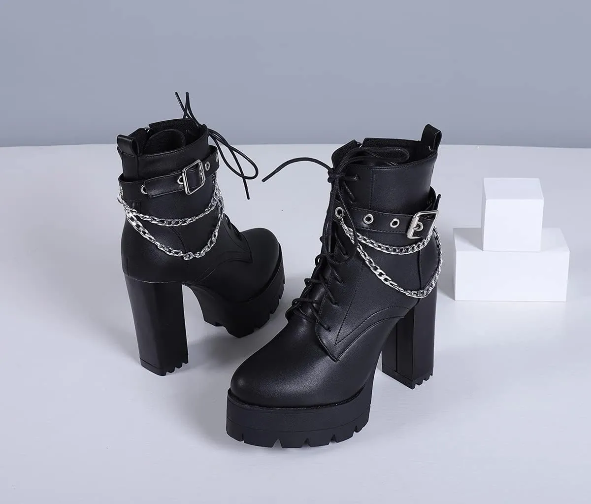 SO SIMPOK Womens Fashion Lace Up Chunky Heel Goth Platform Ankle Boots Zipper Round Toe Punk Motorcycle Combat Riding Boots