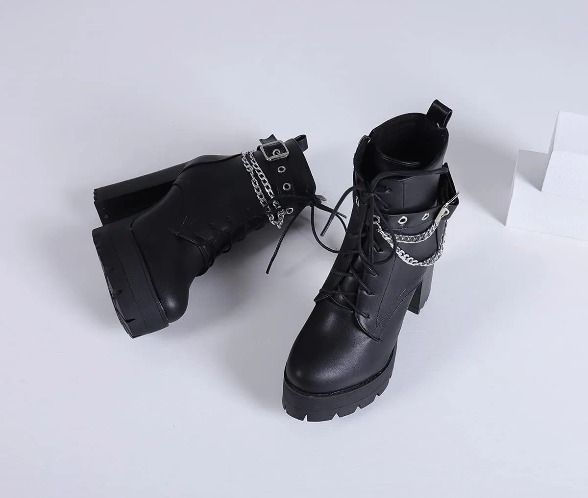 SO SIMPOK Womens Fashion Lace Up Chunky Heel Goth Platform Ankle Boots Zipper Round Toe Punk Motorcycle Combat Riding Boots