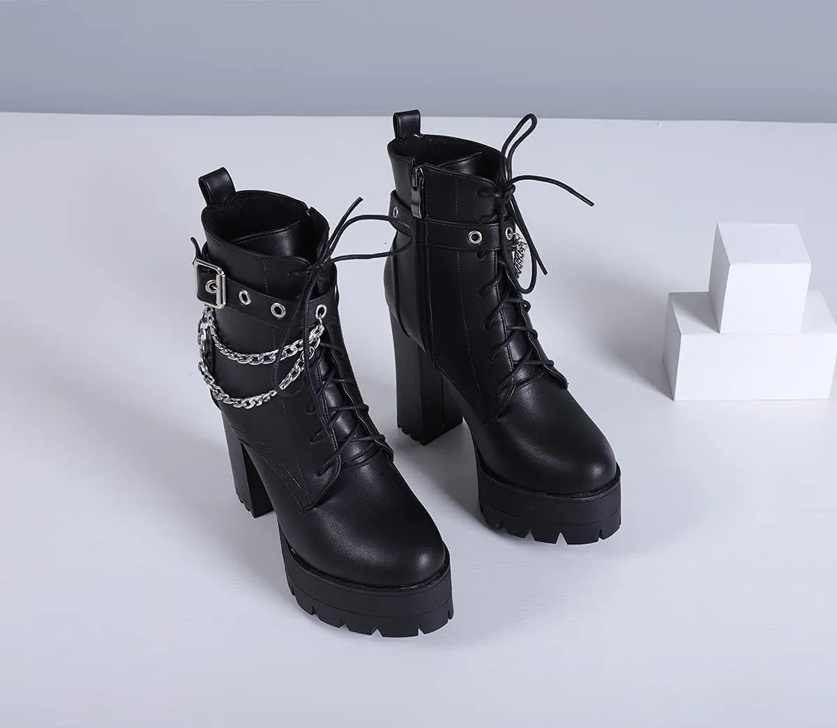 SO SIMPOK Womens Fashion Lace Up Chunky Heel Goth Platform Ankle Boots Zipper Round Toe Punk Motorcycle Combat Riding Boots