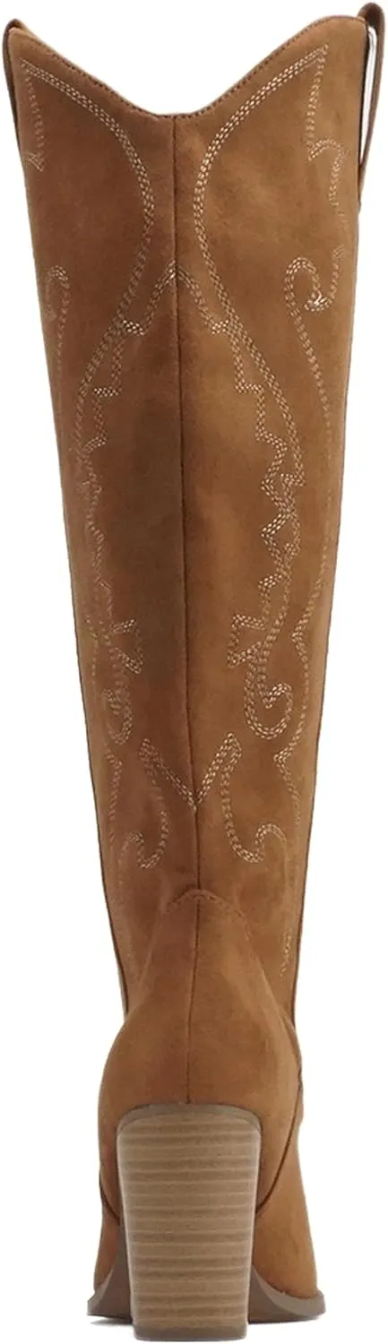 Soda “ARCADE” ~ Women Almond Toe Stitch Detail Pull-On High Heel Knee-High Western Boot