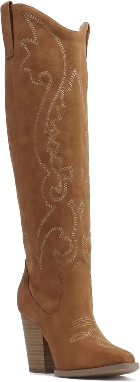 Soda “ARCADE” ~ Women Almond Toe Stitch Detail Pull-On High Heel Knee-High Western Boot
