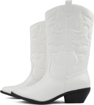 Soda “Rodeo” ~ Women's Knee High Western Cowboy Boots with Stitched Detailing, Pointed Toe, and Low Block Heel