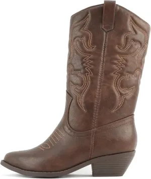 Soda “Rodeo” ~ Women's Knee High Western Cowboy Boots with Stitched Detailing, Pointed Toe, and Low Block Heel