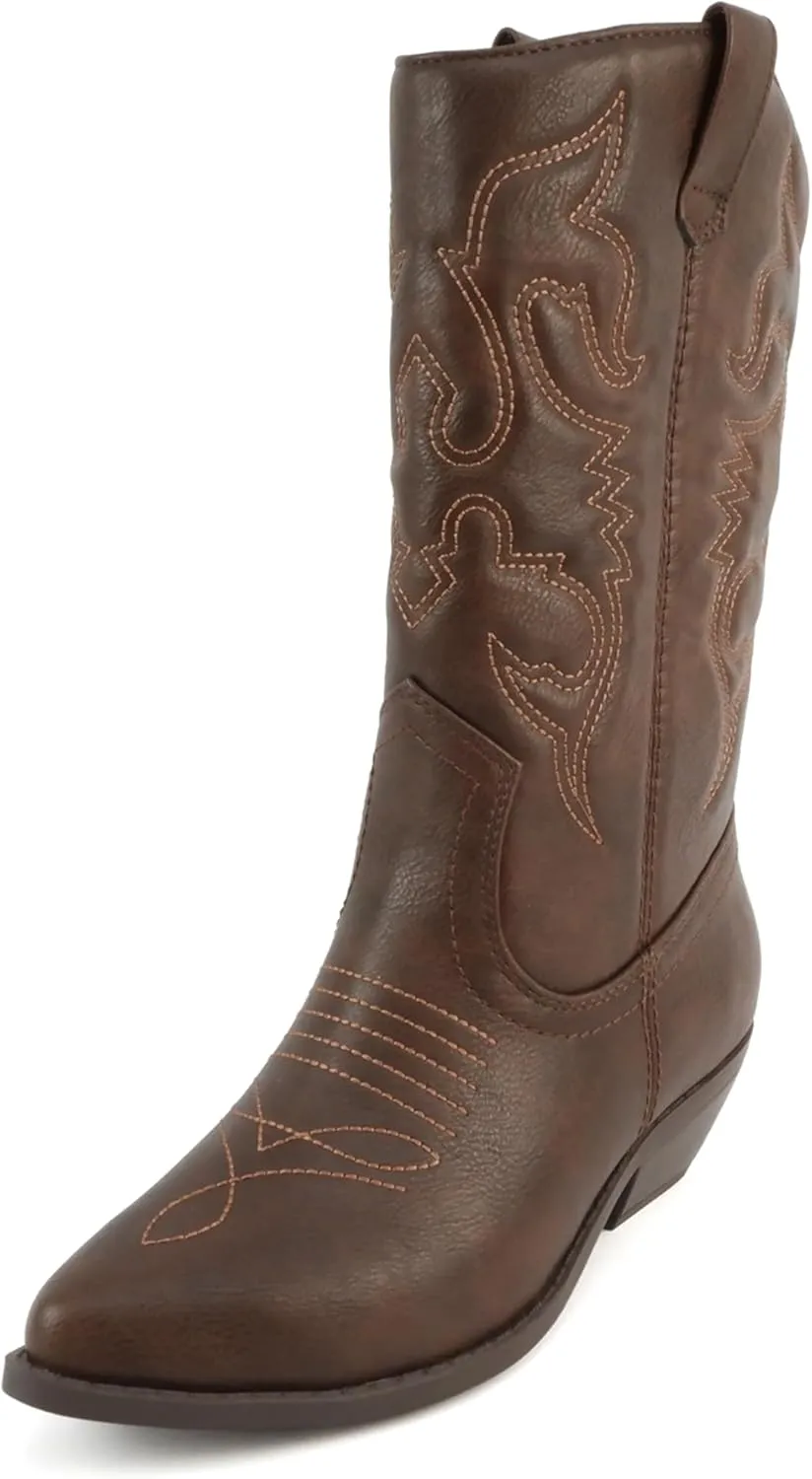 Soda “Rodeo” ~ Women's Knee High Western Cowboy Boots with Stitched Detailing, Pointed Toe, and Low Block Heel