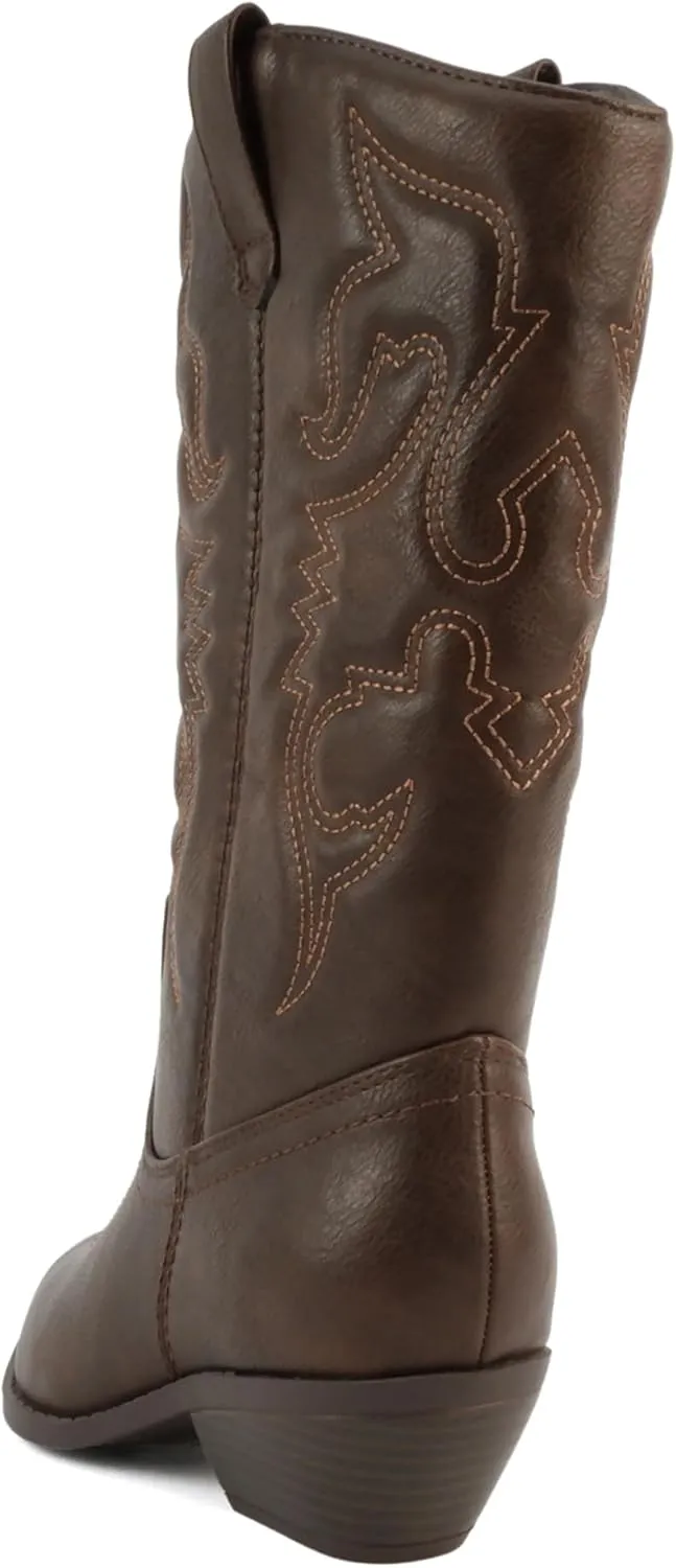 Soda “Rodeo” ~ Women's Knee High Western Cowboy Boots with Stitched Detailing, Pointed Toe, and Low Block Heel