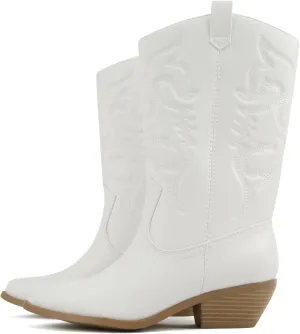 Soda “Rodeo” ~ Women's Knee High Western Cowboy Boots with Stitched Detailing, Pointed Toe, and Low Block Heel