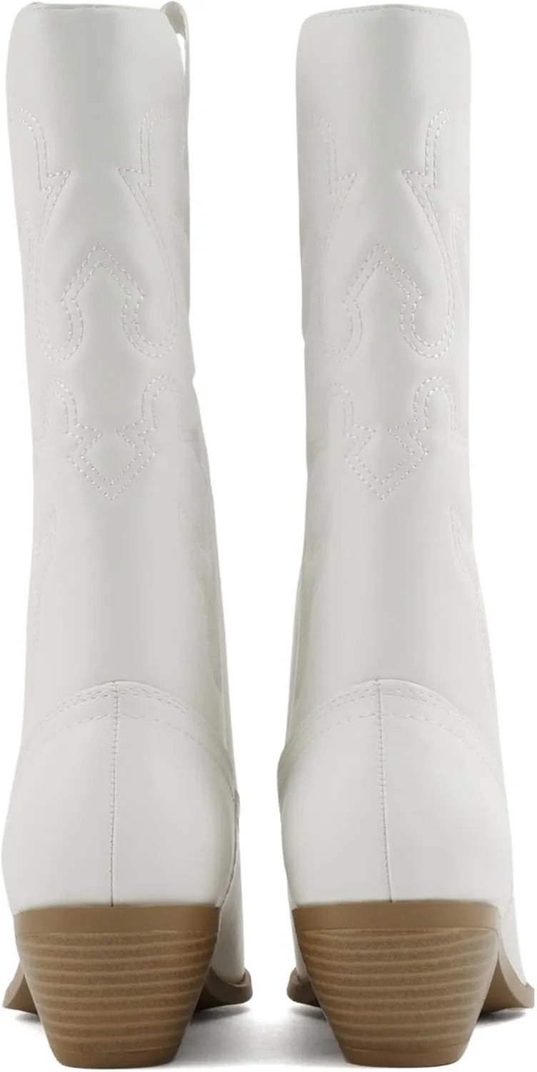 Soda “Rodeo” ~ Women's Knee High Western Cowboy Boots with Stitched Detailing, Pointed Toe, and Low Block Heel