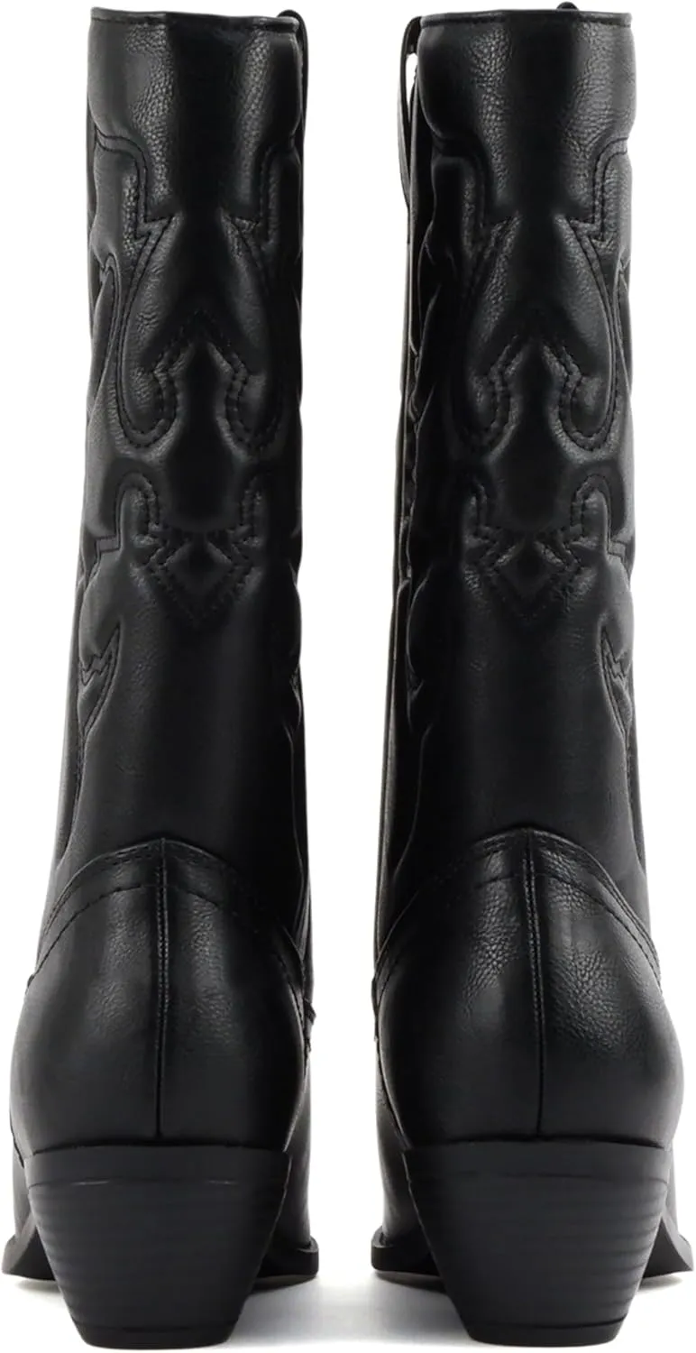 Soda “Rodeo” ~ Women's Knee High Western Cowboy Boots with Stitched Detailing, Pointed Toe, and Low Block Heel