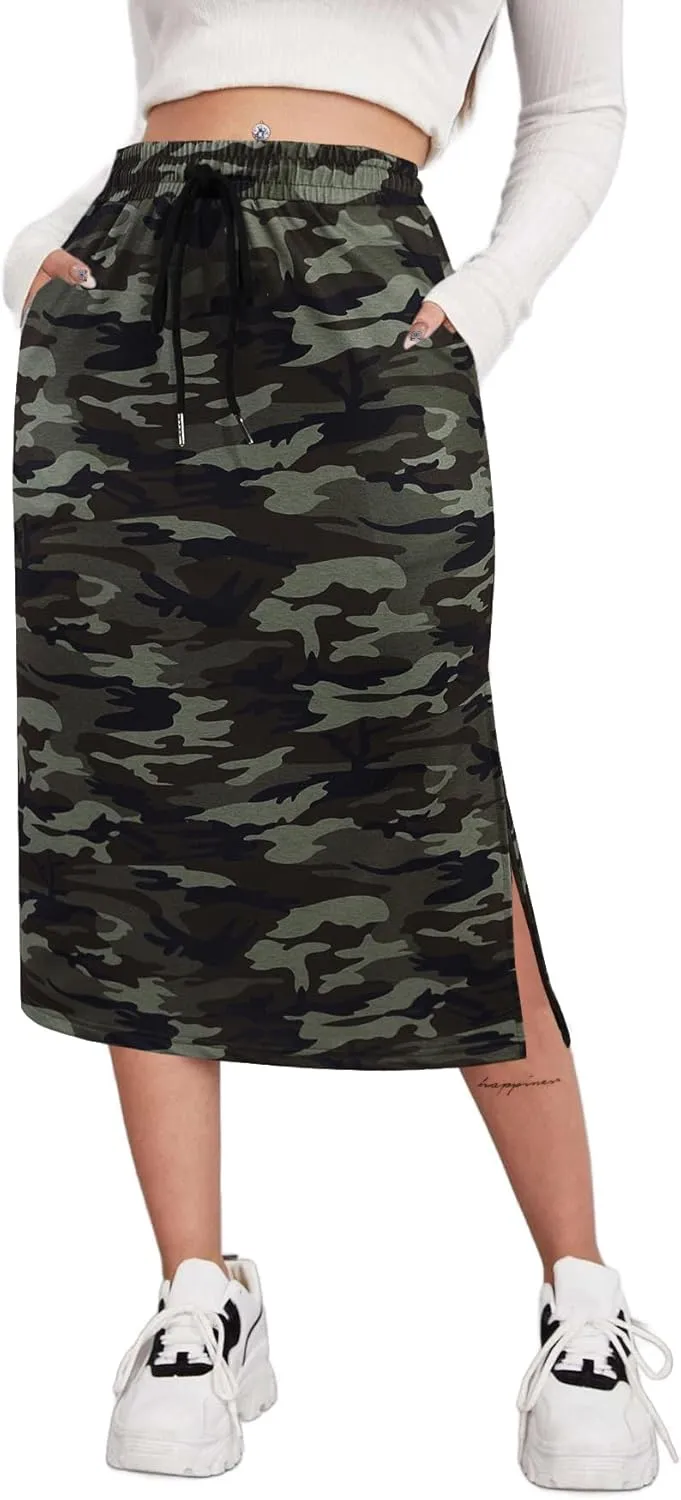 SOFIA'S CHOICE Women's Midi Skirt Drawstring High Waist Slit Skirts with Pockets